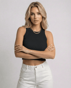Valencia Top by Lauven, ribbed knit cropped sleeveless black top, stylish women's fashion essential.