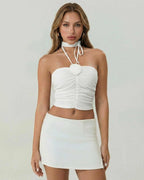 Valencia Top by Lauven - White strapless tank top with floral applique and choker tie detail.
