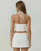 Valencia Top by Lauven, white strapless tank with choker tie detail, showcasing ruched bodice from back view.