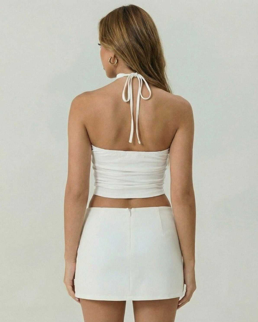 Valencia Top by Lauven, white strapless tank with choker tie detail, showcasing ruched bodice from back view.