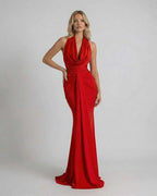 Valentina Maxi Dress by Lauven featuring a draped swinging collar and sleek sheath silhouette in vibrant red.