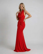 Valentina Maxi Dress by Lauven, featuring a draped swinging collar and sleek sheath silhouette in vibrant red.