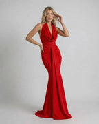 Valentina Maxi Dress by Lauven, featuring a red draped collar and sleek sheath silhouette, perfect for elegant occasions.