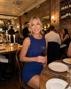 Valentina Mini Dress by Lauven – A stylish navy blue dress perfect for dining occasions.