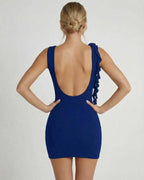 Valentina Mini Dress by Lauven - elegant navy blue A-line silhouette with ruffled detail on the back.
