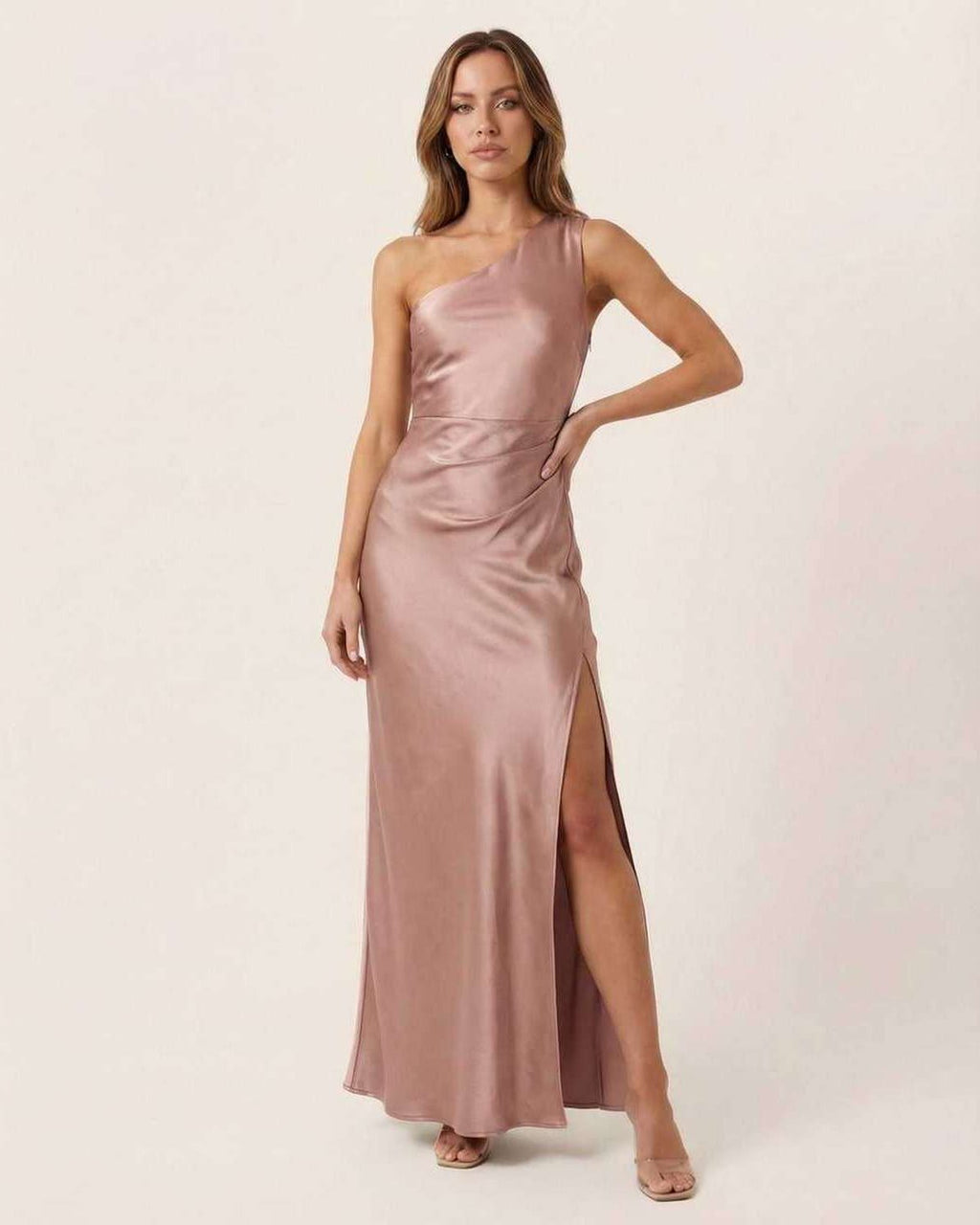 Valora Maxi Dress - Satin satin dress with one-shoulder design in soft rose pink by Lauven, perfect for formal styling.