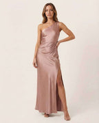Valora Maxi Dress - Satin satin dress with one-shoulder design in soft rose pink by Lauven, perfect for formal styling.
