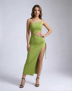 Vega Midi Dress featuring elegant hollow out ruched detail by Lauven, perfect for cocktail parties with a modern allure.