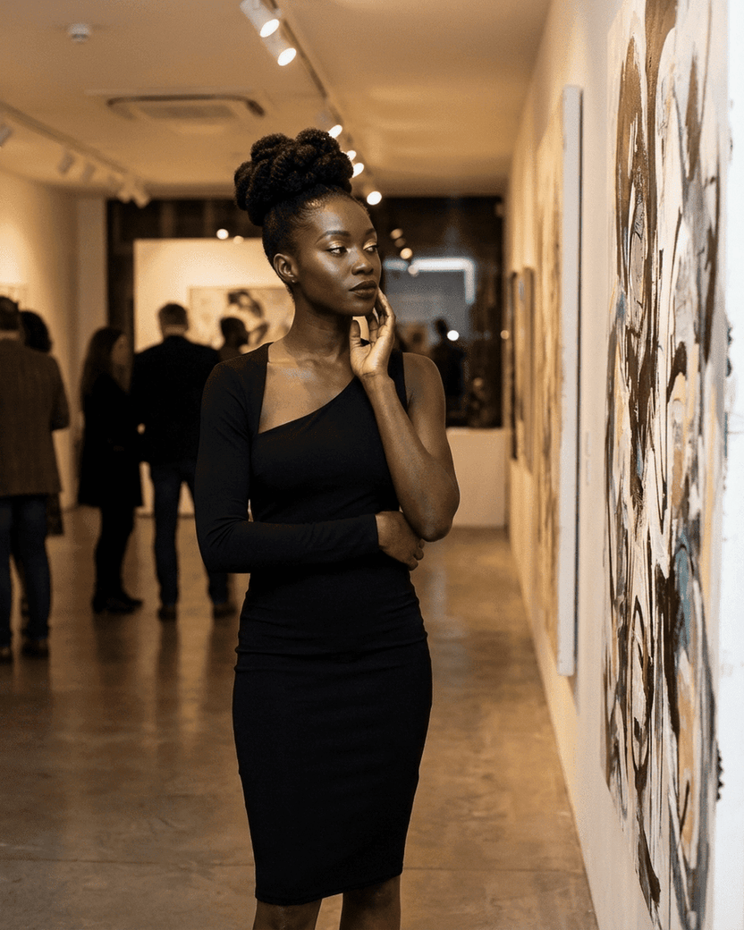 Model showcasing the Vega Midi Dress by Lauven at an art gallery event.