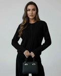 Vega Sweater by Lauven - Women’s black knit sweater with elegant collar and long sleeves.
