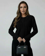 Vega Sweater by Lauven - Women’s black knit sweater with elegant collar and long sleeves.