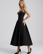 Aveline Midi Dress featuring a V-neck, structured polyester, and elegant flare silhouette by Lauven.