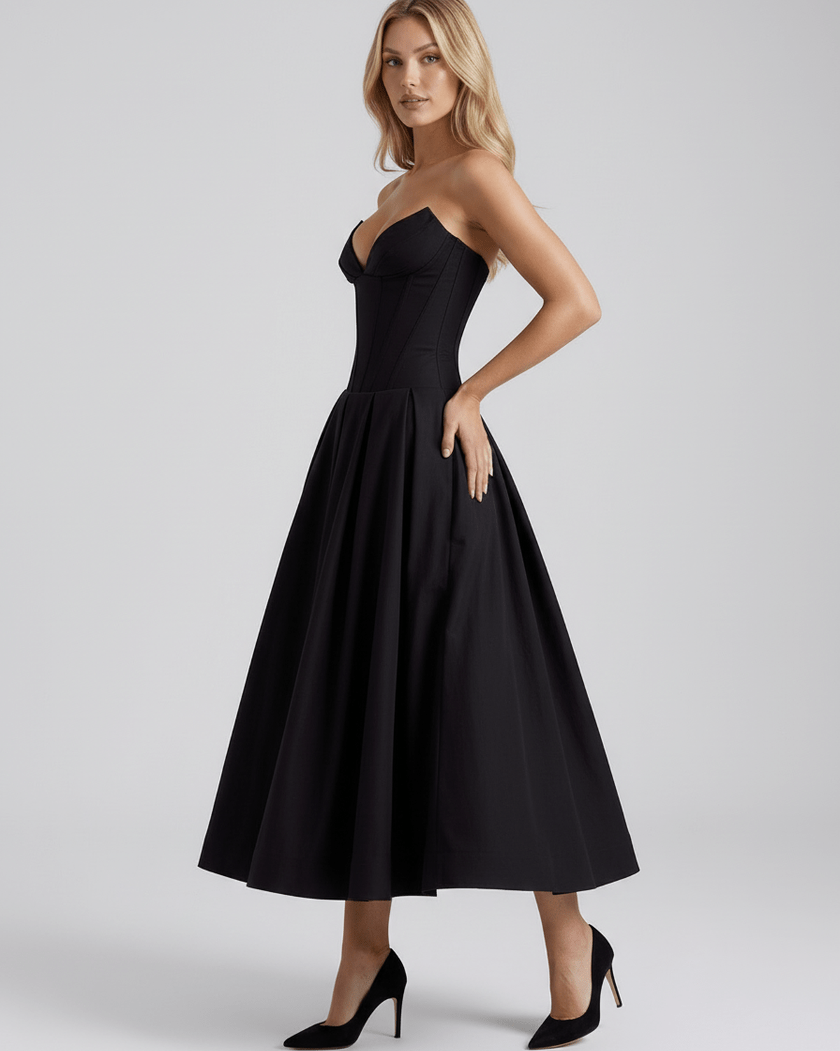 Aveline Midi Dress featuring a V-neck, structured polyester, and elegant flare silhouette by Lauven.