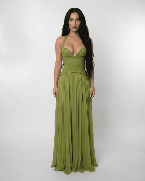 Verdant Maxi Dress by Lauven featuring a lace bodice and pleated skirt in rich olive green.
