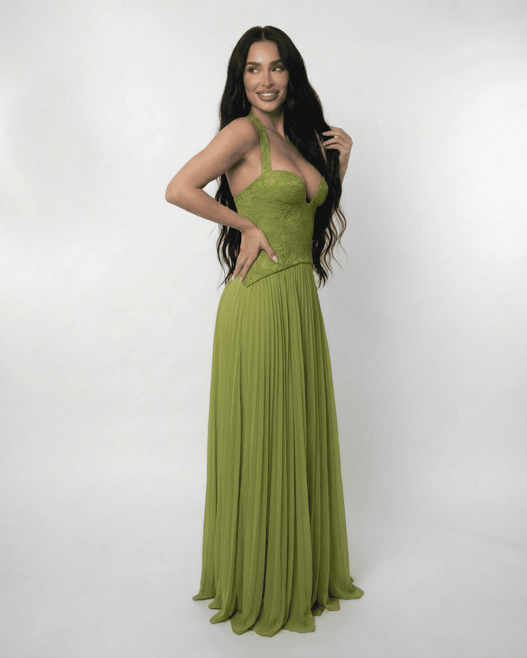 Verdant Maxi Dress by Lauven, featuring a lace bodice and pleated skirt in rich olive green.