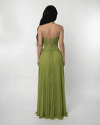 Back view of Verdant Maxi Dress by Lauven, featuring a lace bodice and flowing pleated skirt in olive green.