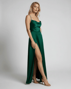 Verona Maxi Dress by Lauven in emerald green satin with high slit and elegant evening silhouette.