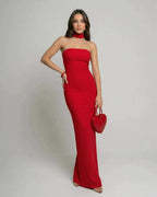 Verona Maxi Dress by Lauven, red halter neck bandage gown with sleek sheath silhouette.