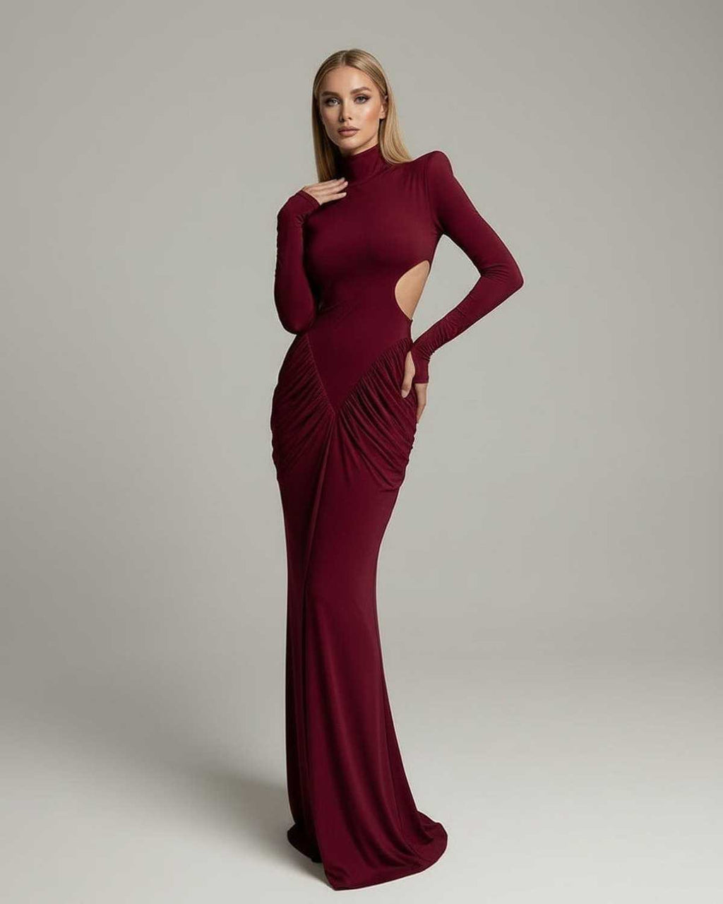 Verona Maxi Dress red high neck long sleeve with ruched design from Lauven, perfect for formal evenings.