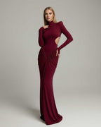 Verona Maxi Dress red high neck long sleeve with ruched design from Lauven, perfect for formal evenings.