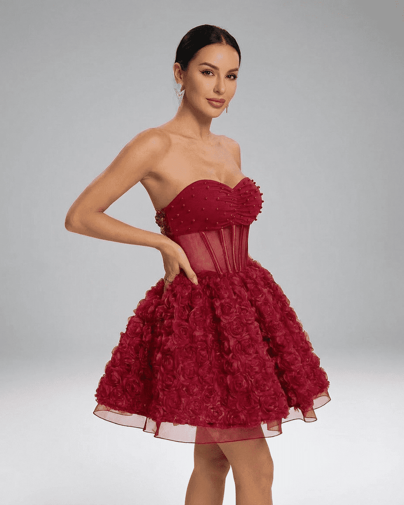 Verona Mini Dress by Lauven, a strapless puff mini with 3D floral texture and beading for a romantic look.