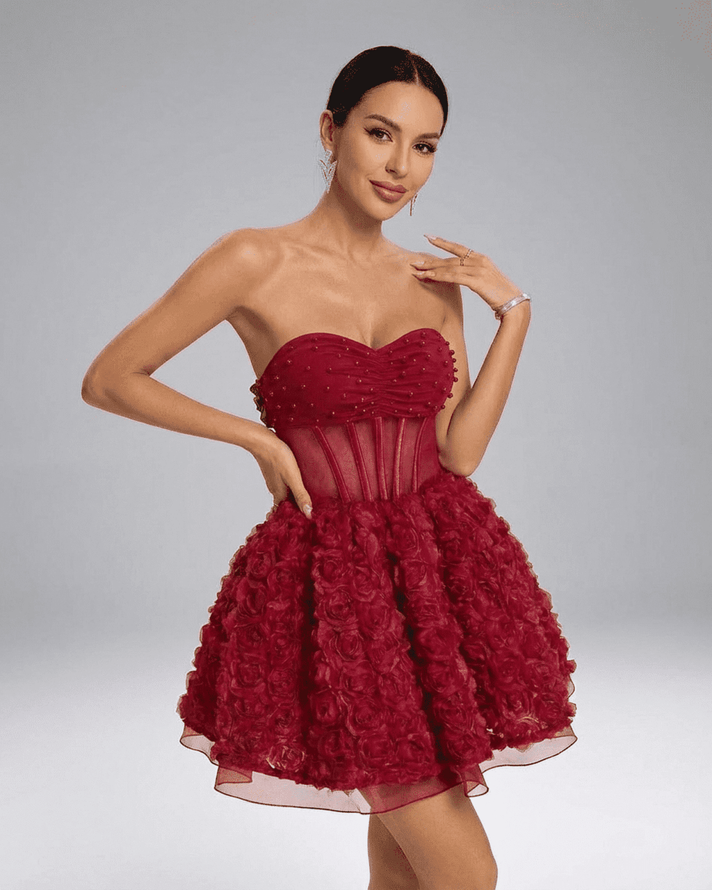 Lauven Verona Mini Dress - Beaded strapless puff mini with 3D floral texture in rich red color.