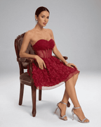 Verona Mini Dress by Lauven, a beaded strapless puff mini dress with 3D floral texture and dramatic voluminous silhouette.