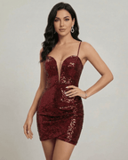 Verona Mini Dress by Lauven in burgundy with deep V-neckline and sequins for a glamorous evening look.