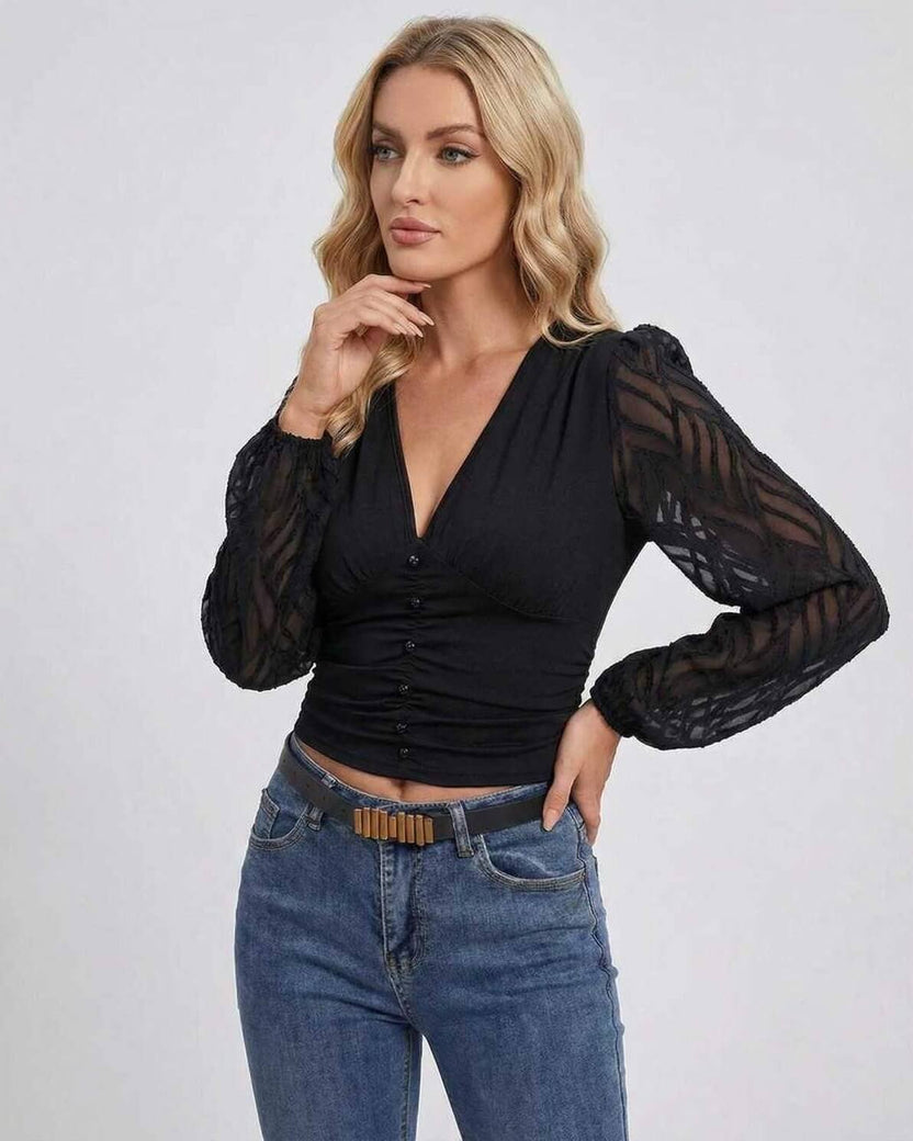 Verona Pullover by Lauven – Women's black V-neck long sleeve pullover with elegant lantern sleeves.