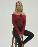 Verona Pullover by Lauven - Women's off the shoulder sweater in red with long sleeve flare detail.