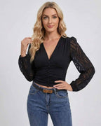 Verona Pullover by Lauven - Women's black V-neck long sleeve pullover with lantern sleeves and stylish design.