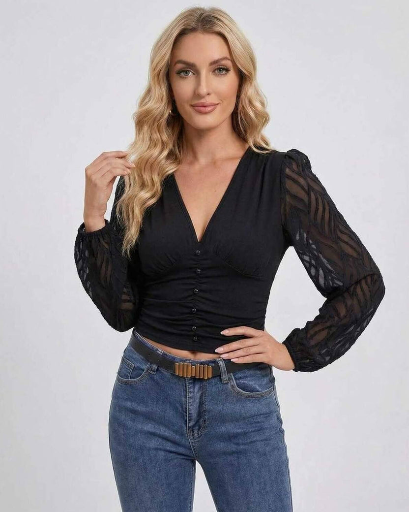 Verona Pullover by Lauven - Women's black V-neck long sleeve pullover with lantern sleeves and stylish design.