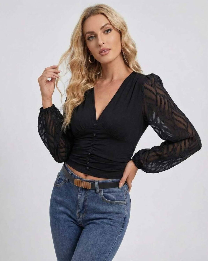 Verona Pullover by Lauven - Women’s Black V-Neck Long Sleeve Pullover with Lantern Sleeve Patchwork