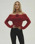 Verona Pullover by Lauven – Women’s Off The Shoulder Sweater in Red with Long Sleeve Flare Detail