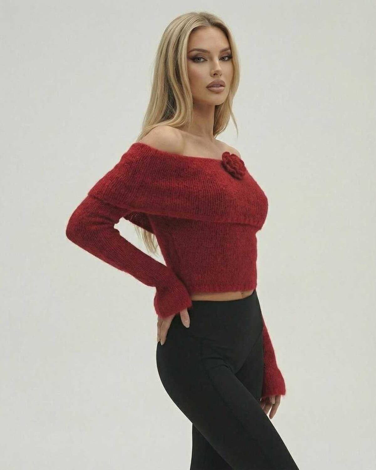 Verona Pullover by Lauven – Women’s off the shoulder sweater with long sleeves in red.