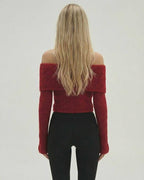 Verona Pullover by Lauven – Women's off the shoulder sweater with long sleeves and flare detail in red.