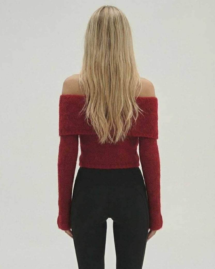 Verona Pullover by Lauven – Women's off the shoulder sweater with long sleeves and flare detail in red.