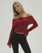Verona Pullover by Lauven – Women’s off the shoulder sweater in red with long sleeve flare detail.