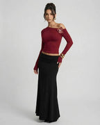 Verona Pullover by Lauven – Women’s red long sleeve slim fit pullover featuring asymmetric shoulder detail.