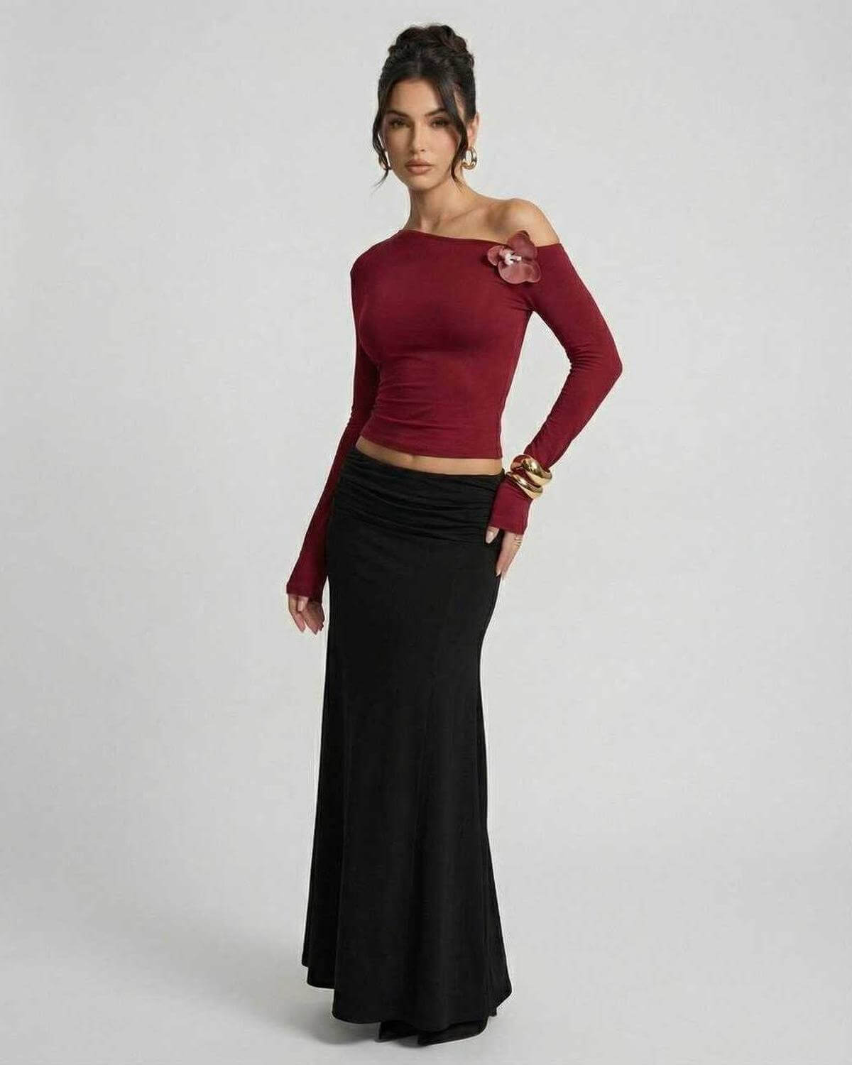 Verona Pullover by Lauven – Women’s red long sleeve slim fit pullover featuring asymmetric shoulder detail.
