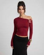 Verona Pullover - Lauven women’s red long sleeve slim fit pullover with asymmetric shoulder detail.