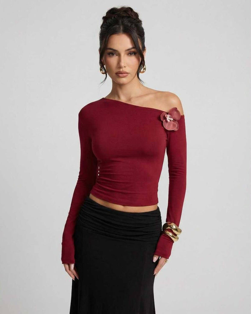 Verona Pullover - Lauven women’s red long sleeve slim fit pullover with asymmetric shoulder detail.