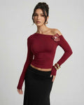Verona Pullover by Lauven - Women's red long sleeve slim fit pullover with asymmetric shoulder and sculpted silhouette.