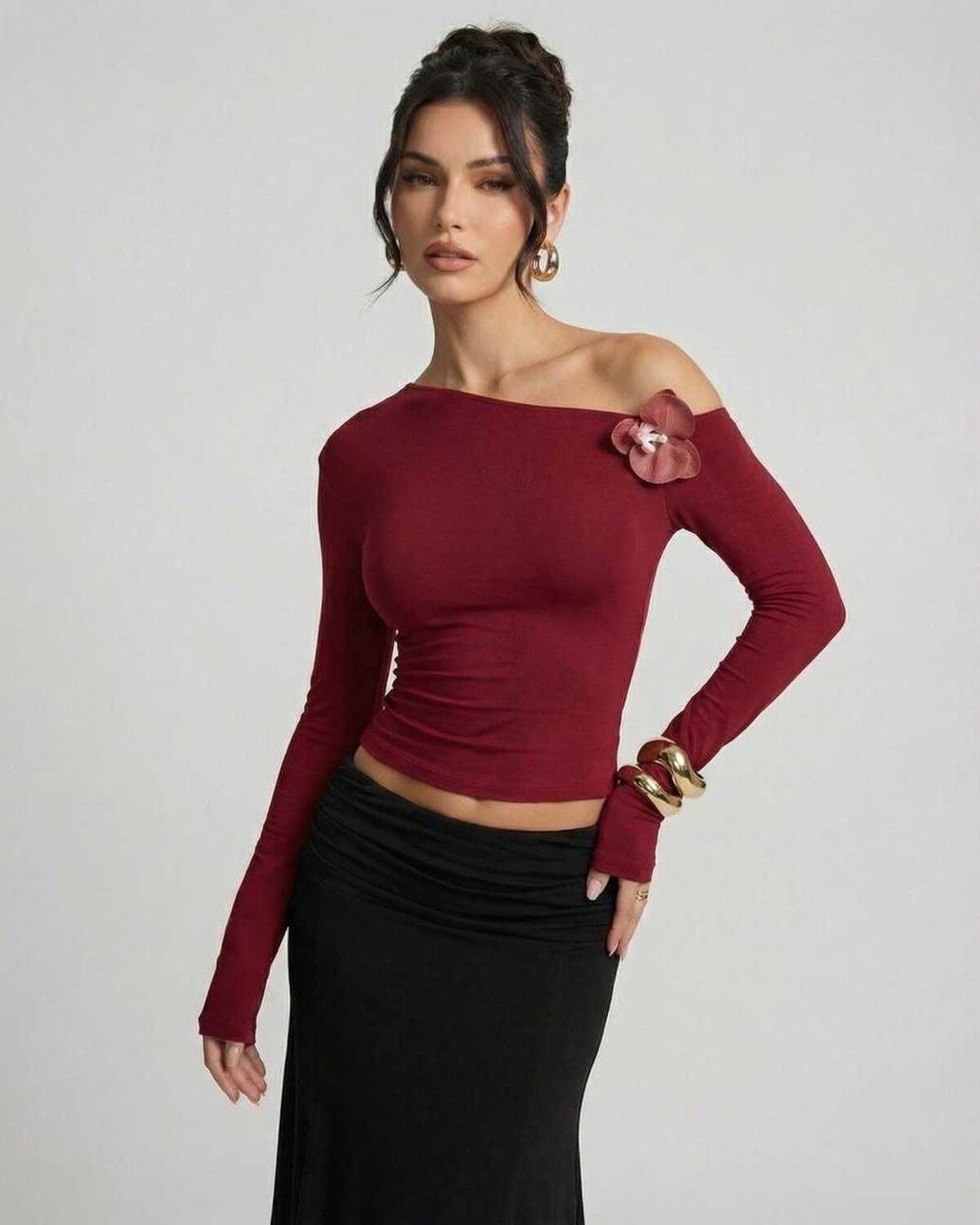 Verona Pullover by Lauven - Women's red long sleeve slim fit pullover with asymmetric shoulder and sculpted silhouette.