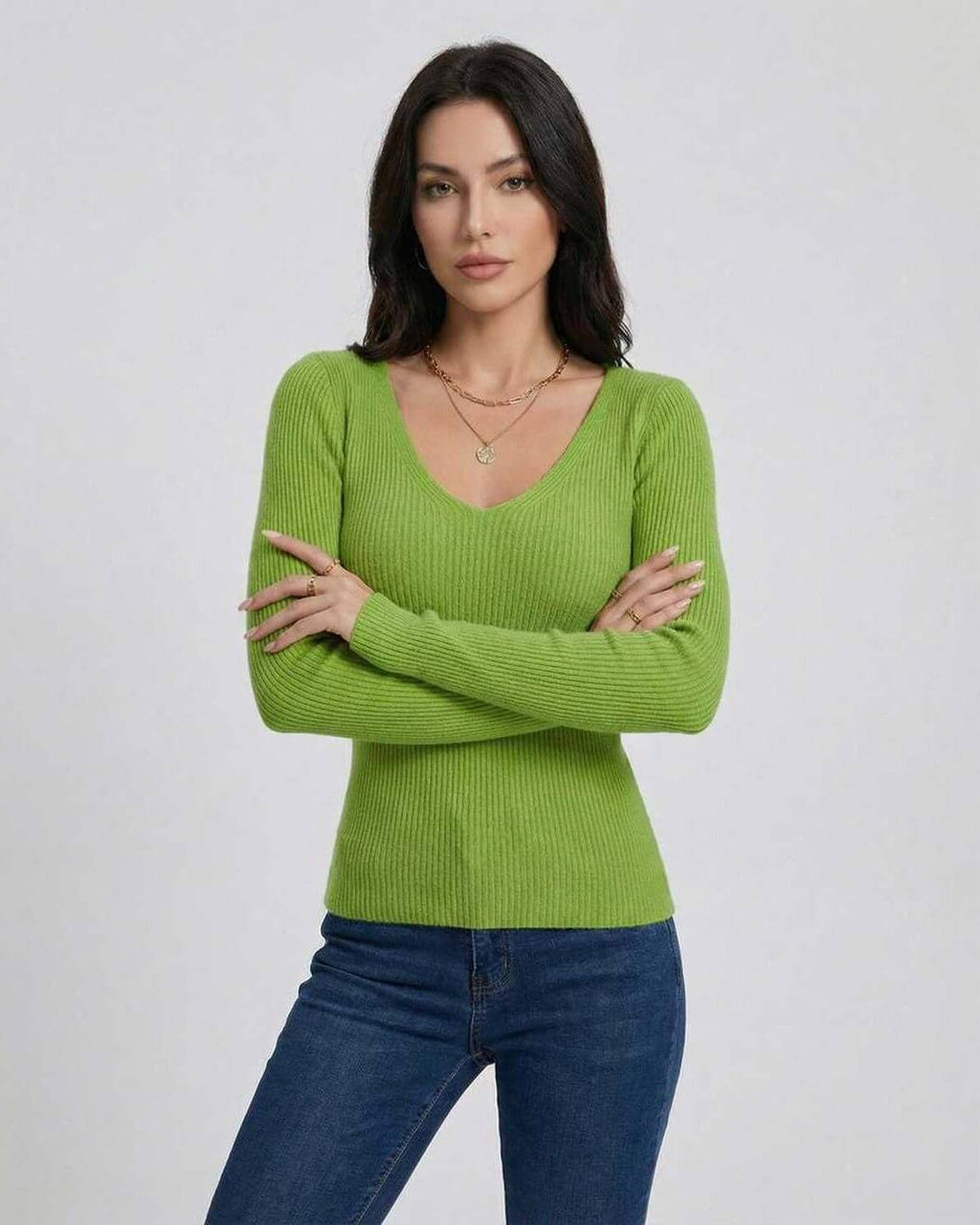 Verona Pullover by Lauven – Women's V-Neck Slim Fit Sweater in Green, perfect for casual to workwear styling.