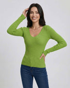 Verona Pullover from Lauven, women's green long sleeve V-neck sweater in slim fit.