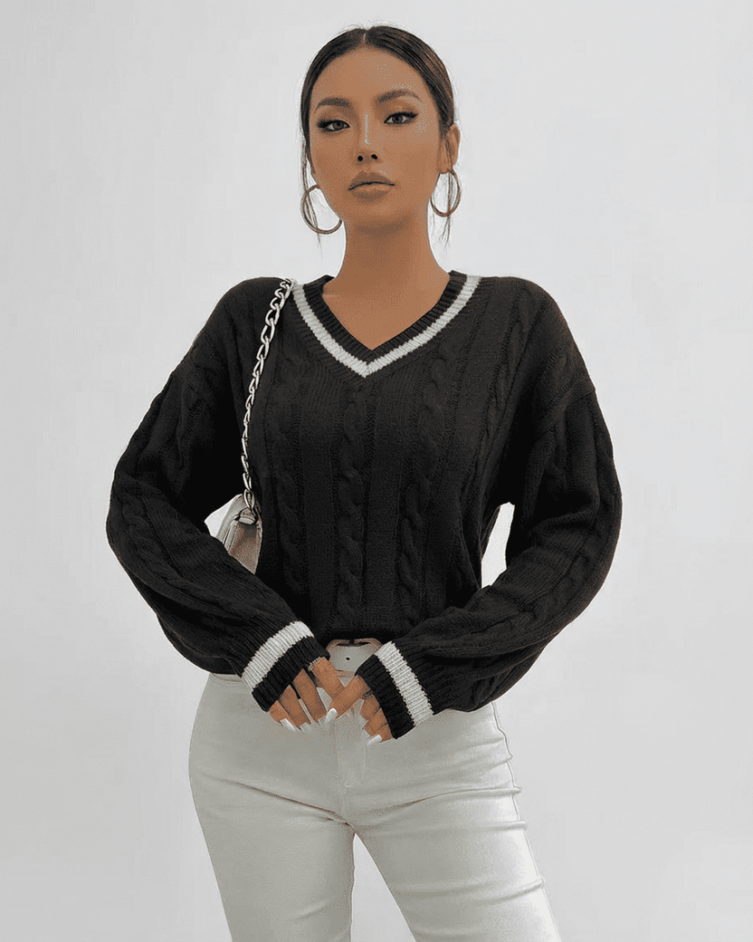 Verona Sweater by Lauven - Black cable knit pullover with V-neck silhouette and contrasting details.