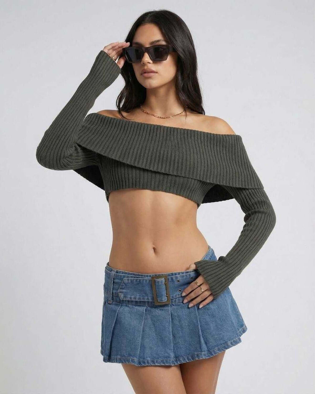 Verona Top by Lauven: Women's off shoulder long sleeve crop top styled with a denim skirt for autumn winter.