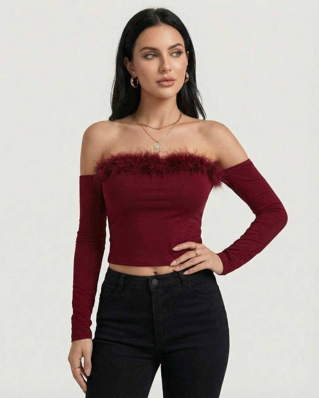 Verona Top by Lauven – Women’s burgundy off the shoulder long sleeve top with feather trim, perfect for evening wear.