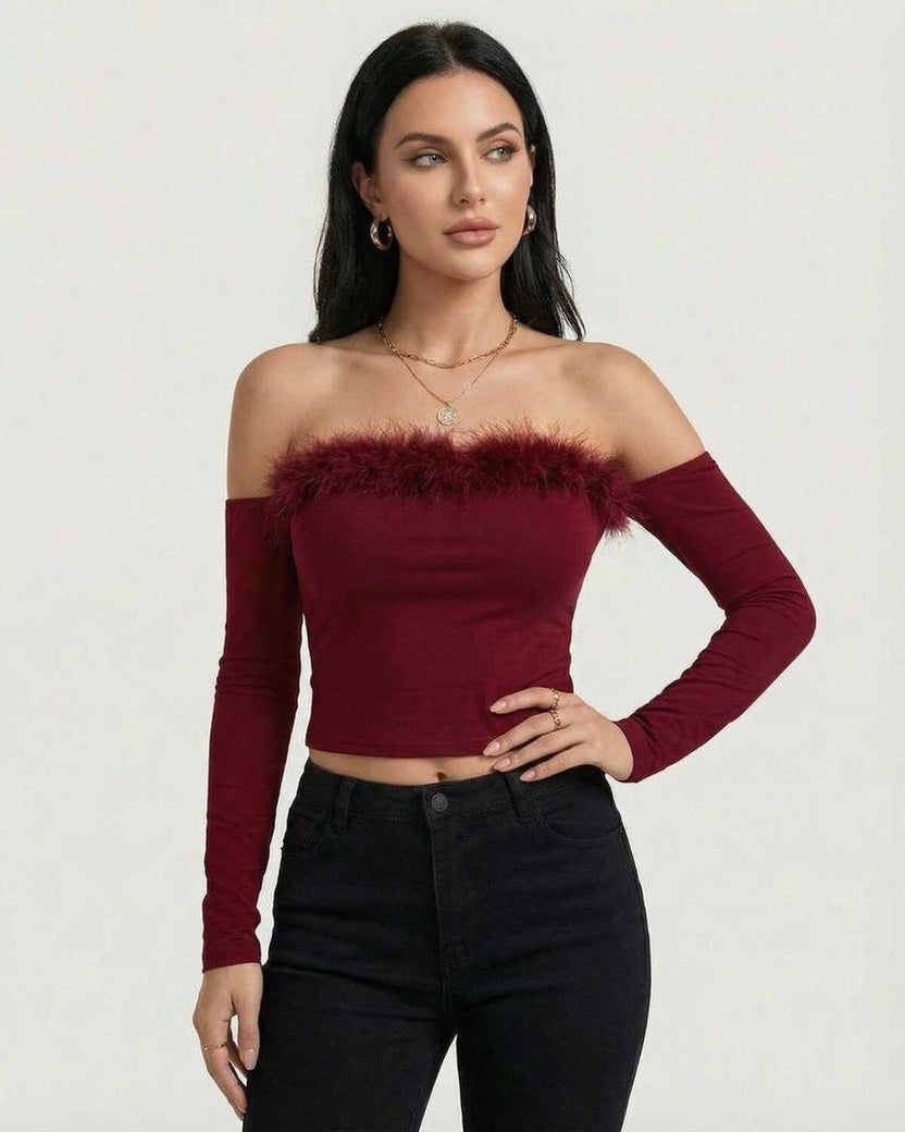 Verona Top by Lauven – Women’s burgundy off the shoulder long sleeve top with feather trim, perfect for evening wear.